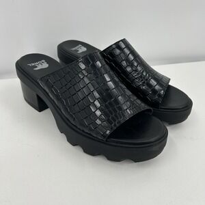 Sorrel Womens Joanie Heel Slide Sandals‎ Size 10 Black Faux Croc Chunky Slip On